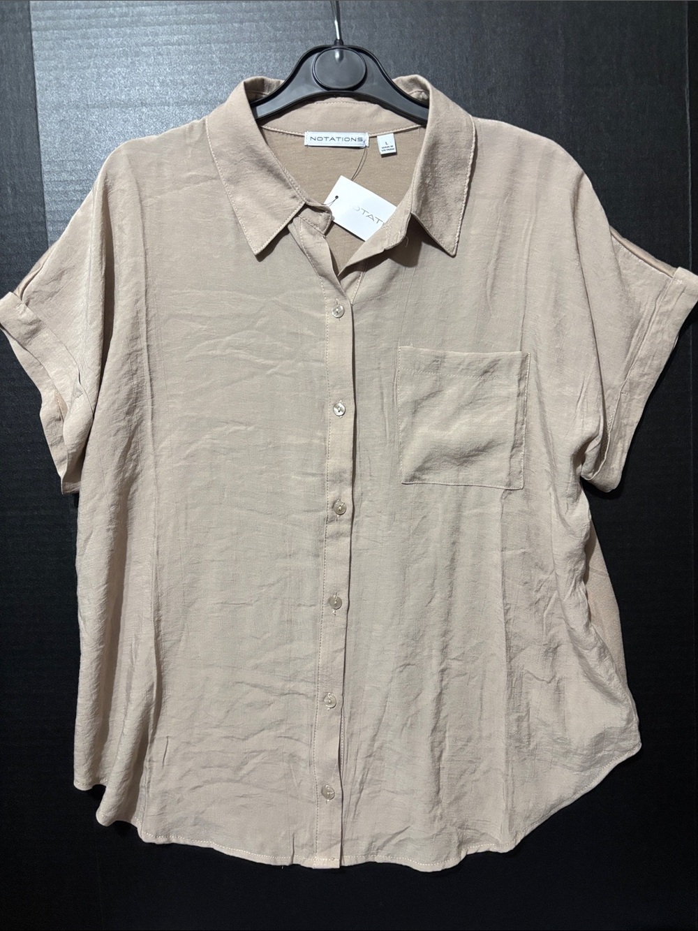 NOTATIONS Short-Sleeve Button-Front Shirt in Light Taupe